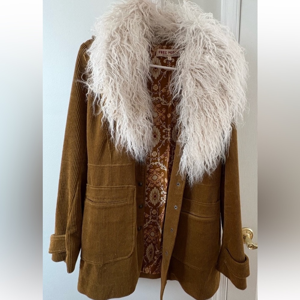 Free People Tan Corduroy Jacket with Cream Fur Collar